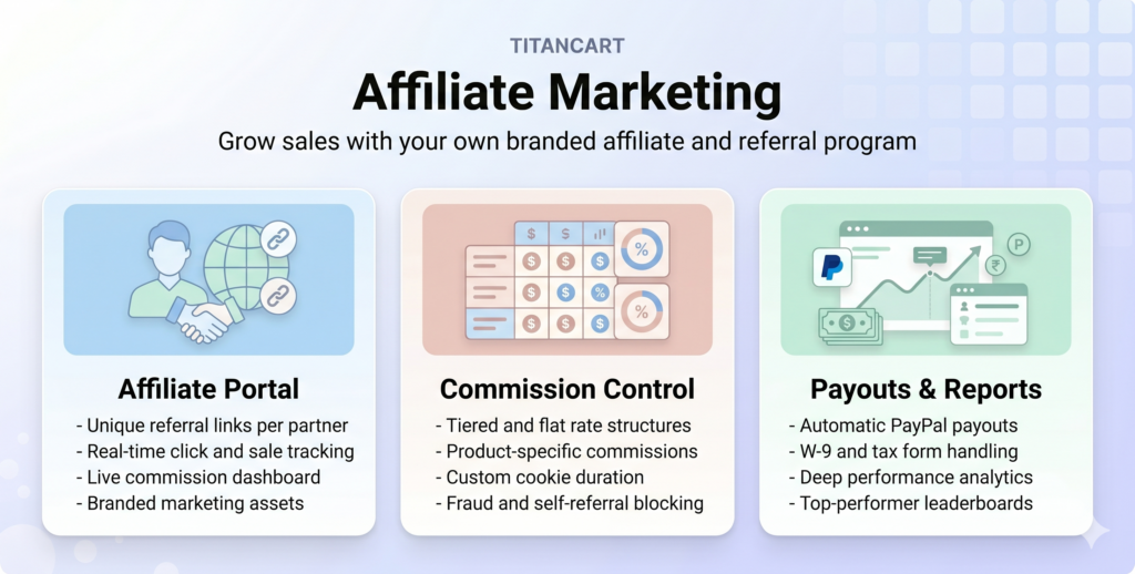 TitanCart Affiliate Marketing extension — referral links, cookie attribution, and commission tracking