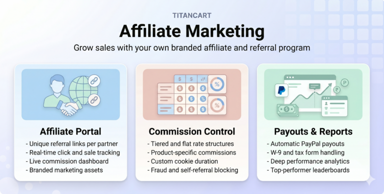 TitanCart Affiliate Marketing extension — referral links, cookie attribution, and commission tracking